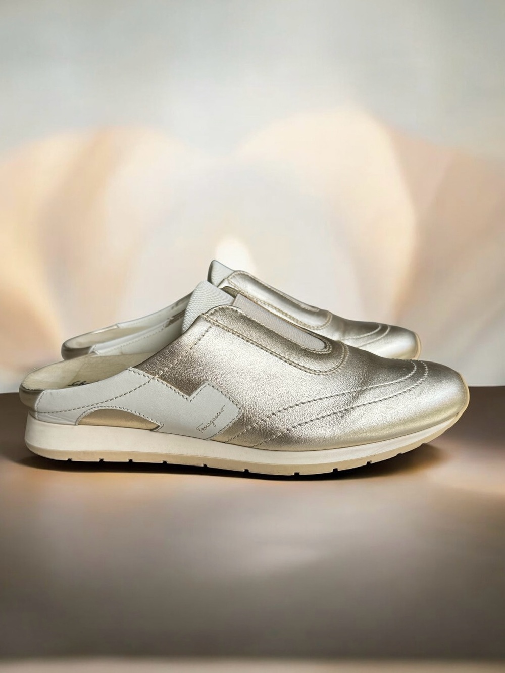 Salvatore Ferragamo Metallic Gold Sneakers Mules Vintage